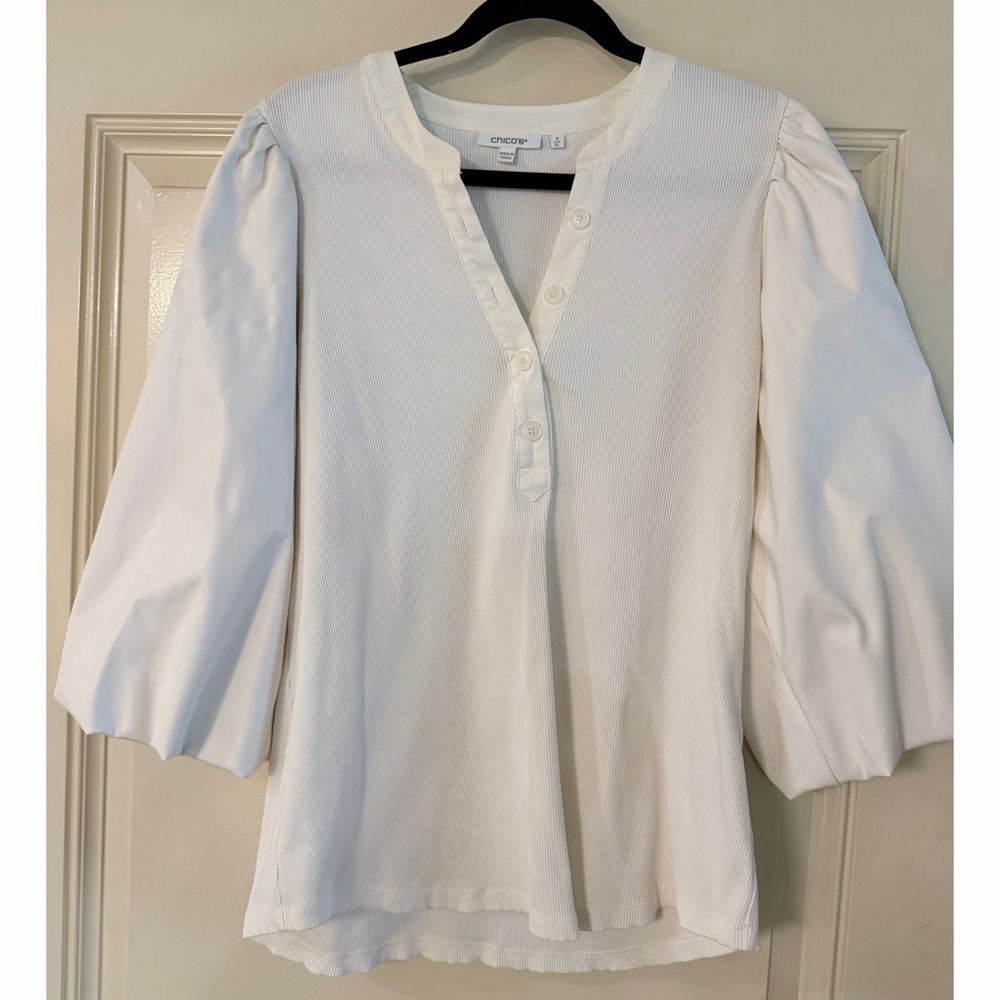 Chico's Off White Puff-Sleeve V-Neck Henley Top Sz XL